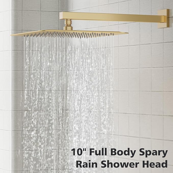 Gabrylly Gold Shower Head, Shower Faucet Set with High Pressure 10 Inch Rain Shower Head and Handheld Spray Combo, All Metal Shower Head Set with Shower Valve Kit, Brushed Gold
