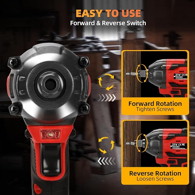 300N.m Cordless Impact Wrench, 21V Torque Power Impact Driver, 1/2" Brushless Impact Gun with 2*2.0Ah Batteries with 19 Accessories, Electric Impact Motor Variable Speeds for home installation (red)