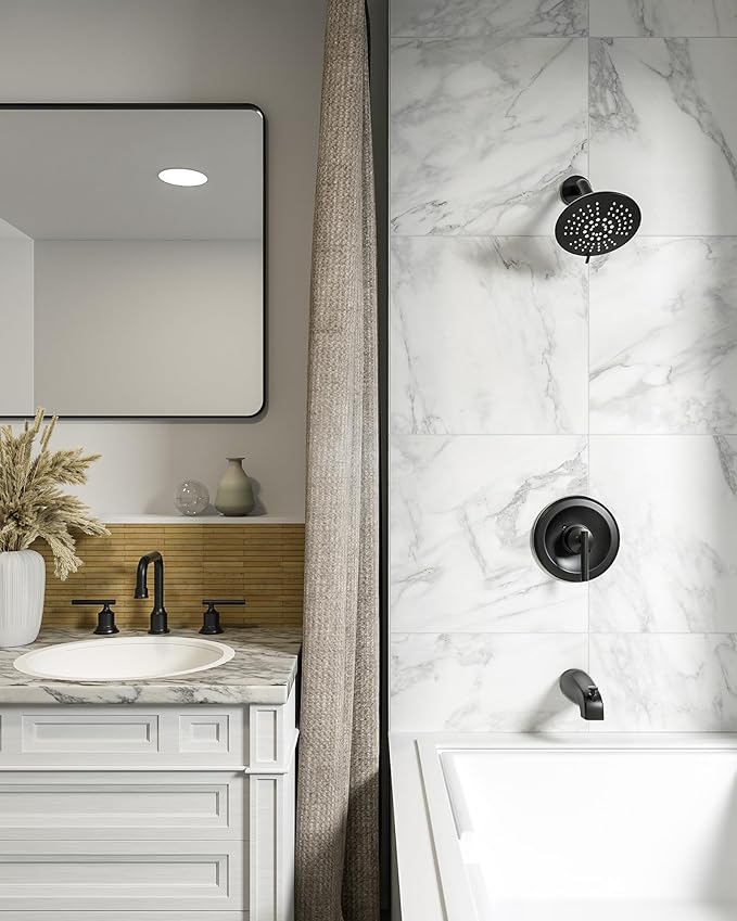 Black Shower Tub Faucet Set: WOWOW Shower Trim Kit with 6-Inch Rain Head and Tub Spout, Single Handle Shower Complete Combo Solid Brass Pressure Balancing Mixer (Valve Included)