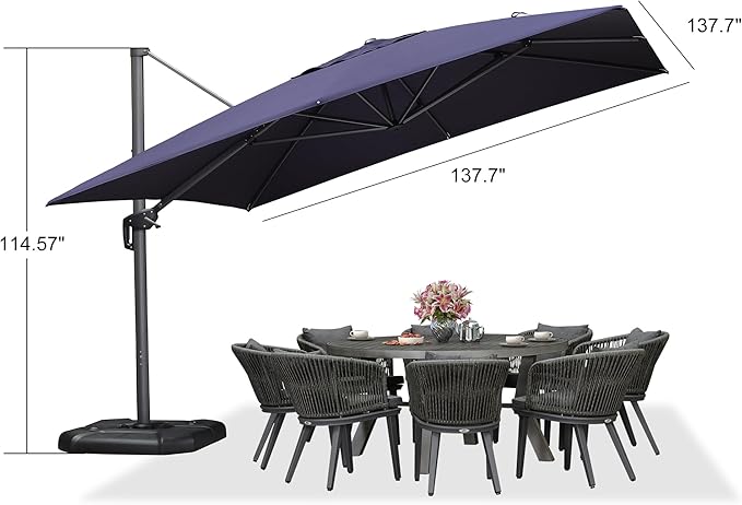 PURPLE LEAF 11.5' X 11.5' Telescopic Patio Umbrella Outdoor Cantilever Umbrella Square Up Down Lifting Offset Umbrella with 360-degree Rotation for Garden Deck Pool Patio Navy