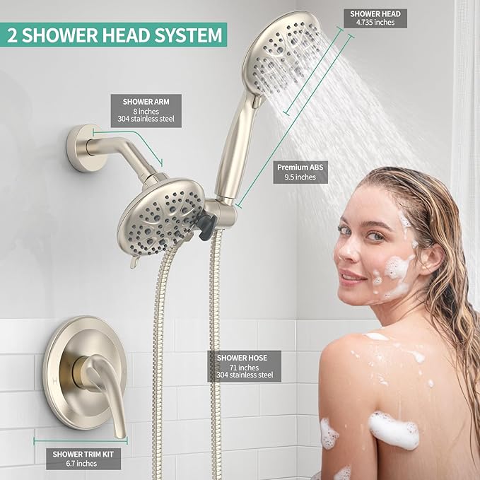 SR SUN RISE Shower System with Handheld Shower and Rain Shower Combo Set High Pressure 5-spray Dual 2 in 1 Shower Faucet Patented 3-way Diverter Brushed Nickel (Valve Include)