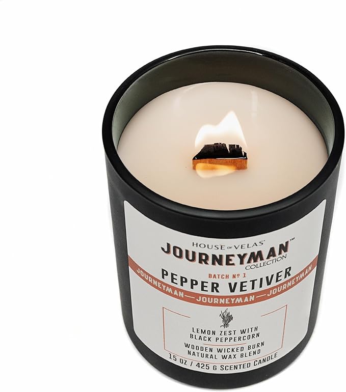 Journeyman Collection Candle, 15oz, Wooden Wick, Pepper Vetiver, Large Painted Jar