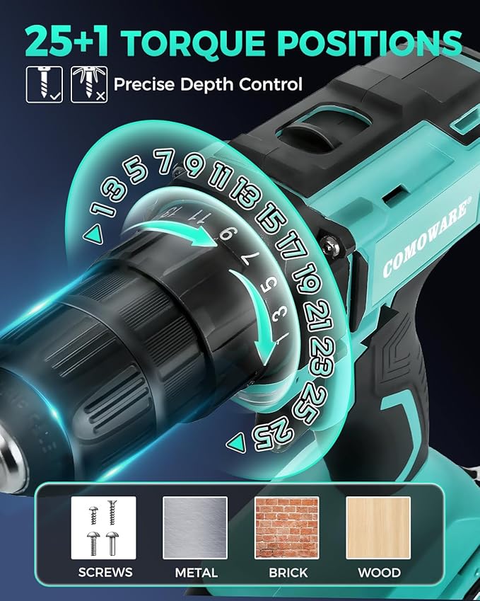 COMOWARE 20V Cordless Drill, Electric Power Drill Set with 1 Battery & Charger, 3/8” Keyless Chuck, 2 Variable Speed, 266 In-lb Torque, 25+1 Position and 34pcs Drill/Driver Bits