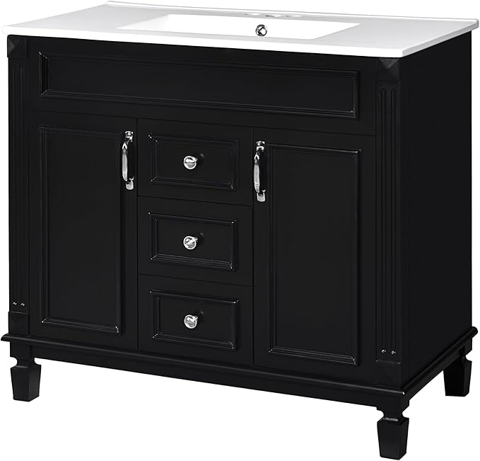 Merax 36" Bathroom Vanity with Sink, Freestanding Single Bathroom Sink Vanity Cabinet Set with 36" Countertop, 2 Doors & 2 Drawers (Sink Cabinet Only, Black)