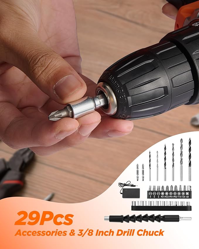 Cordless Drill Set, KELNOW 21V PowerDrill with Power Pack and Charger, 3/8-Inch Keyless Chuck ElectricDrill, 25+1 Position, 2 Speed, 27pcs Drilldriver Bits Tool Drills for DIY Projects