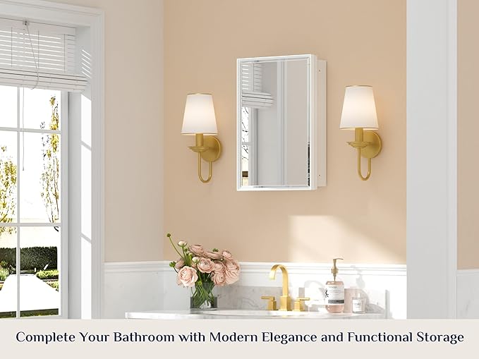 Keonjinn 17" x 25" White Medicine Cabinet with Mirror, Recessed or Surface Wall-Mounted Aluminum Alloy Framed Beveled Mirror, Single Door Farmhouse Bathroom Cabinet with Storage