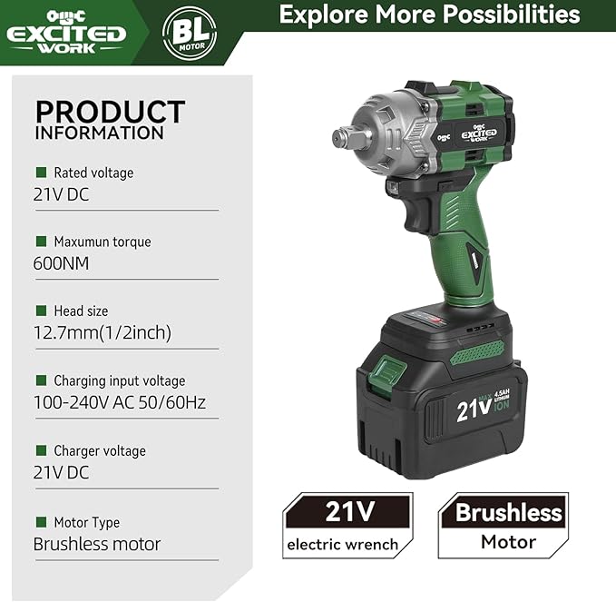 20V Brushless Impact Wrench Kit, 600Nm 1/2 Inch Impact Wrench with 2 x 4.5Ah Battery, 2500RPM High Torque Impact Gun, Fast Charger and Tool Box