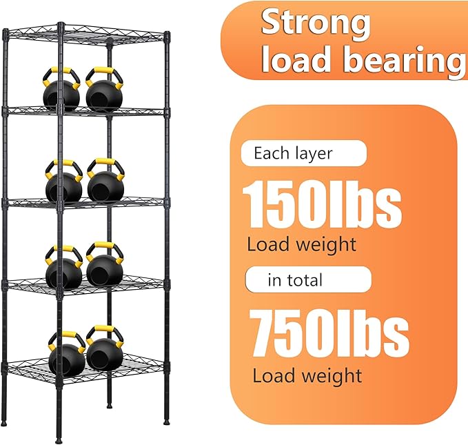 BestOffice | 5-Tier Wire Storage Shelves | 17x12x48 | Black | with Adjustable Racks | Heavy-Duty Metal Shelf, Holds Upto 750 lbs | No-Tool Assembly | Ideal for Home & Garage Shelving