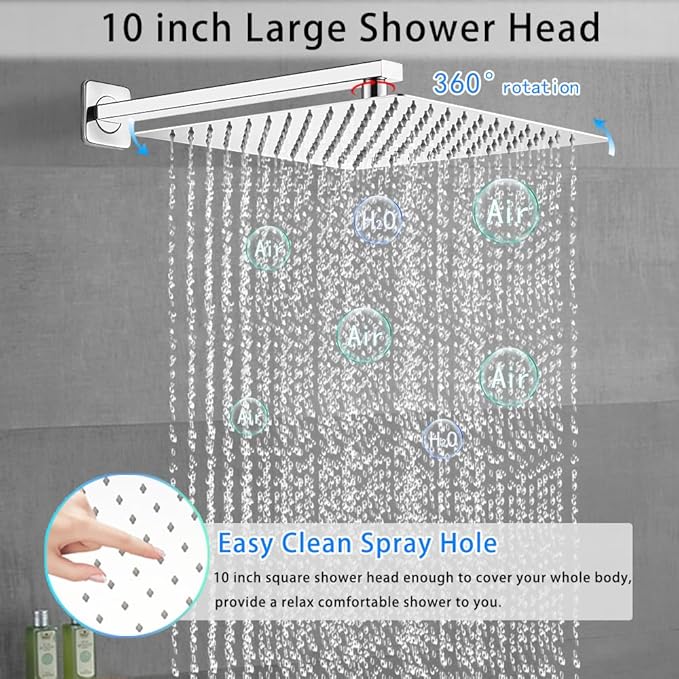 Chrome Shower System YCAIKOI Wall Mount Shower Faucet Set for Bathroom 10 Inch High Pressure Luxury Shower Head with Handheld, Rough-in Valve Body and Trim Included