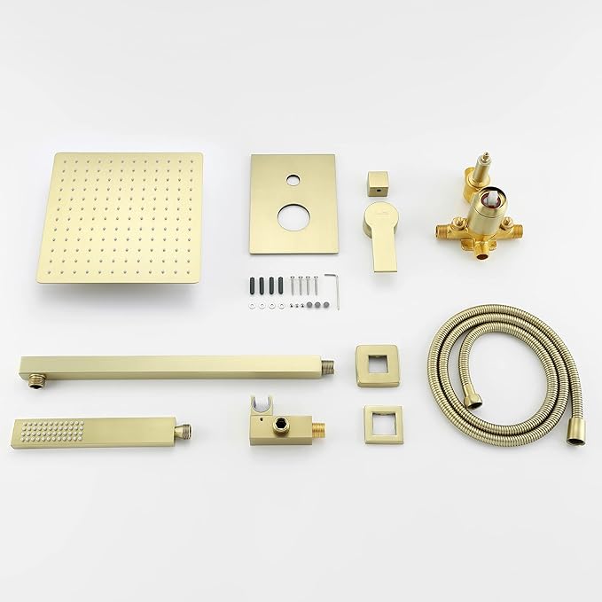 SHAMANDA Brass Rainfall Shower System, Luxuly Bathroom Shower Faucet Combo Set Brushed Champaign Gold(Including Rough-In Valve Body and Trim), L7001-3