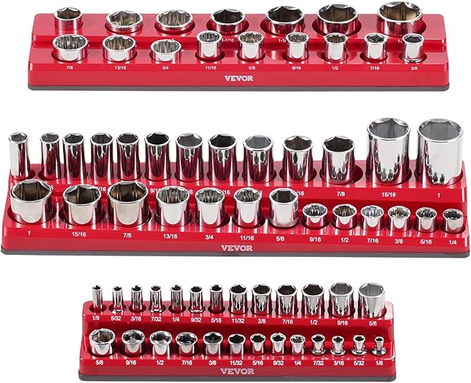 VEVOR Magnetic Socket Organizer Set, 3PCS Magnetic Socket Holder, 1/4'', 3/8'' & 1/2'' SAE Socket Trays with Clear Labels, Hold up to 68PCS Standard & Deep Sockets, Red (Sockets Not Included)