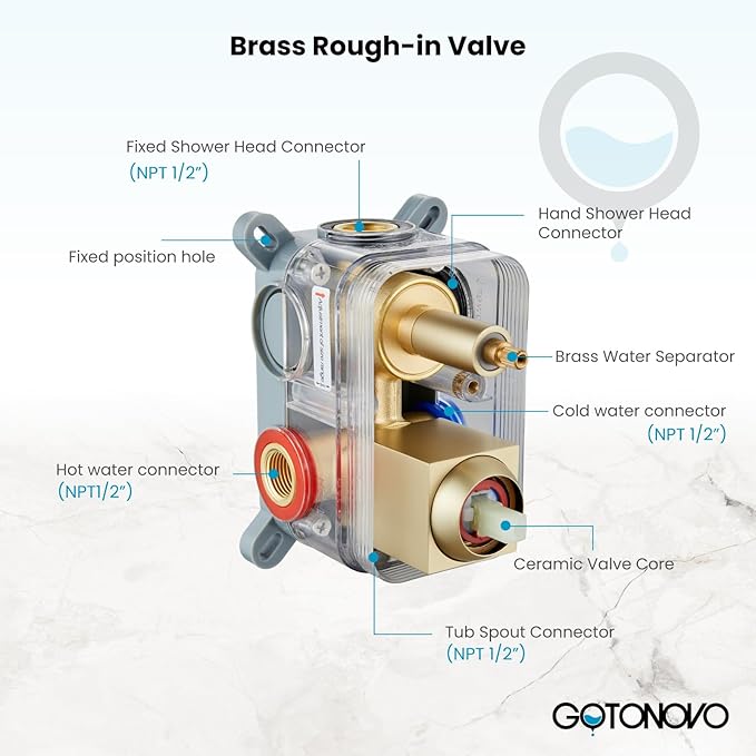 gotonovo Shower System with Tub Spout,Waterfall Tub Shower Faucet Set for Bathroom Head and Handle Set Wall Mounted 3 Function Rough-in Valve and Trim Included 12 inch Shower Head Brushed Gold