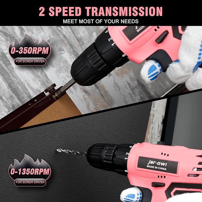 Jar-Owl 21V Pink Cordless Drill Set for Women,350 in-lb Torque, 0-1350RMP Variable Speed, 10MM 3/8'' Keyless Chuck, 18+1 Clutch, 1.5Ah Li-Ion Battery & Charger for Home DIY and Repair - Black & Pink