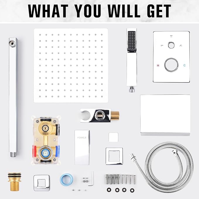 10 Inch Rainfall Shower System with Tub Spout Wall Mounted Complete Combo with Solid Brass Pressure Balancing Valve, High Pressure Shower Head, Handle Set & Installation Accessories Chrome