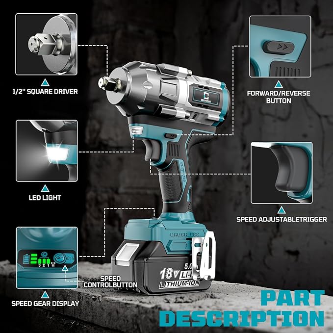 Cordless Impact Wrench 1/2 inch for Makita Battery, 900Ft-lbs Brushless High Torque Impact Gun with 2x5.0AH Battery 