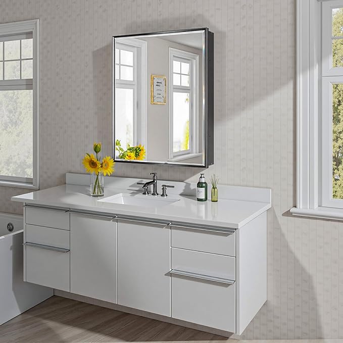 24''x 30'' Black Medicine Cabinet Mirror, Surface or Recessed Aluminum Framed Medicine Cabinet with Beveled Mirror, Full-Assembled, Adjustable Shelves,Reversible Bathroom Mirror with Storage