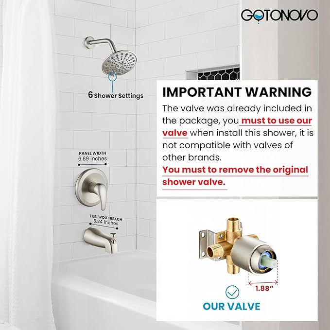 gotonovo Tub Shower Faucet Set Shower Head and Handle Set 6 Modes 6 inch Bathroom Trim Kit with Tub Spout High Pressure Shower System Combo with Valve Round Showerhead Brushed Nickel