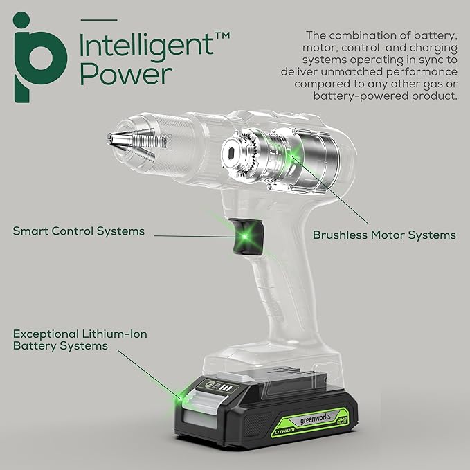 Greenworks 24V Brushless Cordless Drill Kit, 310 in./lbs, 18+1 Position Clutch, 1/2 '' Keyless Chuck, Variable Speed, (2)2Ah Batteries with 2A Charger, LED Light, 8pcs Drill Bits with Tool Bag