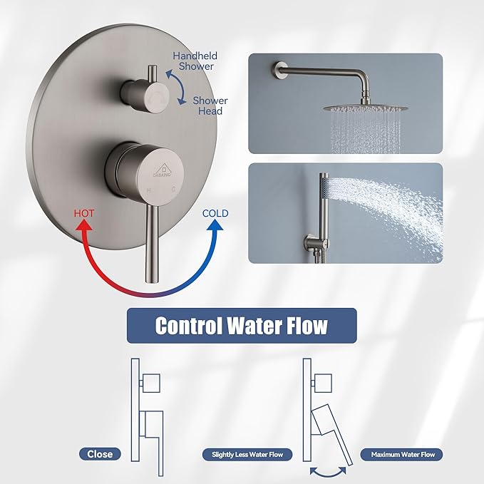 CASAINC Shower Valve and Trim Kit, 10 Inch Round 2 Functions Rain Shower Head with Handheld Spray Wall Mounted Shower System (Brushed Nickel)