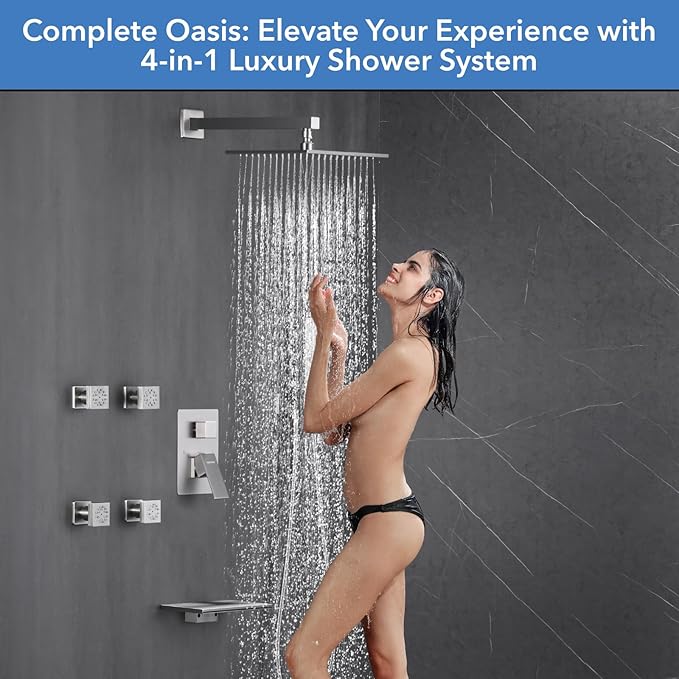 VANFOXLE Shower Faucet Set Brushed Nickel Shower System,Four Modes Shower Faucet with 2 in 1 Handheld,Wall Mount 10 Inch Shower Head with Waterfall Spout, 4 PCS Dual Modes Body Jets
