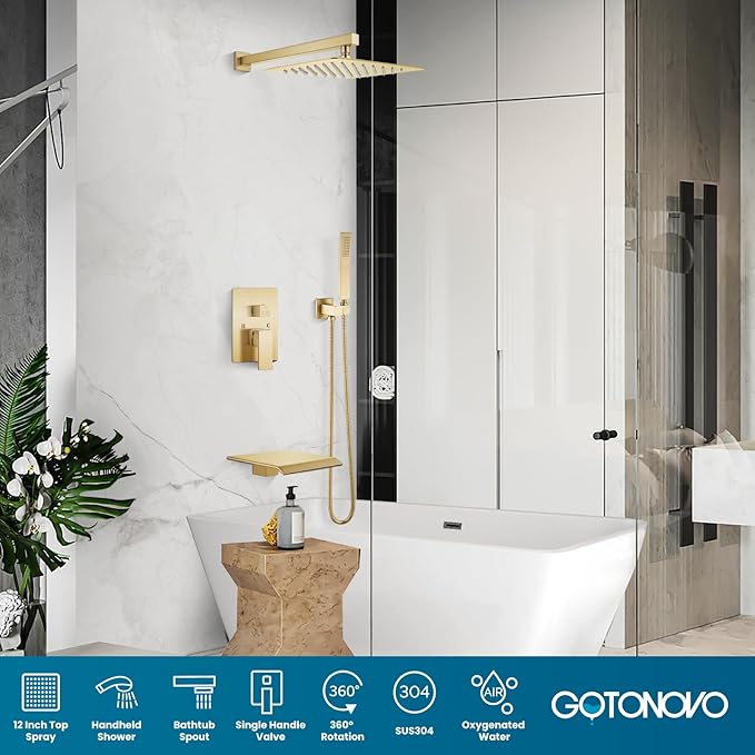 gotonovo Rain Shower Faucet System Set Rainfall Shower Head with Handheld Sprayer Waterfall Tub Spout Wall Mounted Mixer Combo Rough-in Valve and Trim Included 12 Inch Showerhead Brushed Gold