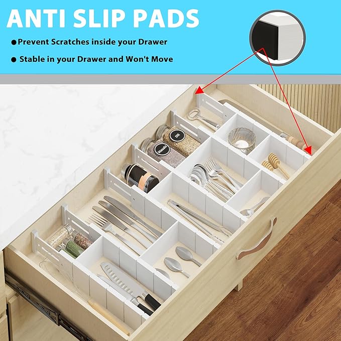 6 Pack Bamboo Drawer Dividers with 12 Inserts, Expandable Adjustable Clothes Drawer Organizers and Storage from 17" to 22" for Kitchen, Bedroom, Dresser, Cosmetics (White)