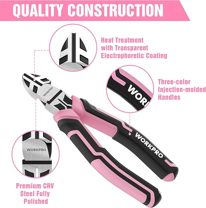 WORKPRO 3-Piece Pliers Set, Pink Tool Set Including Needle Nose & Diagonal Cutting & Slip Joint Pliers for Plumbing, Automotive and General Applications - Pink Ribbon