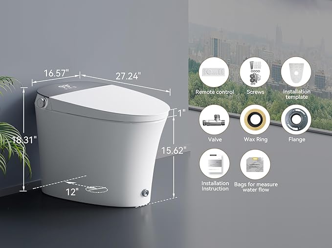 Smart Bidet Toilet with Auto Open/Close Lid, Touchless Auto Flush, Smart Toilet with Bidet Built in Elongated Heated Seat, Instant Warm Water & Dryer, Digital Display