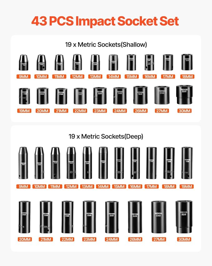 VEVOR Impact Socket Set, 1/2 Inches 43 Piece Impact Sockets, 1/2 Inches Drive Socket Set, High-torque Standard Socket Assortmen with 4 Extension Bars, 6-Point Sockets Metric 9-30mm (Standard/Deep)