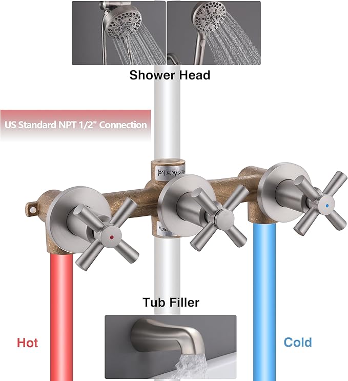 3 Handle Tub Shower Faucet Bathtub Shower Faucet Set With Tub Spout, Brushed Nickel Tub and Shower Trim Kit with Valve