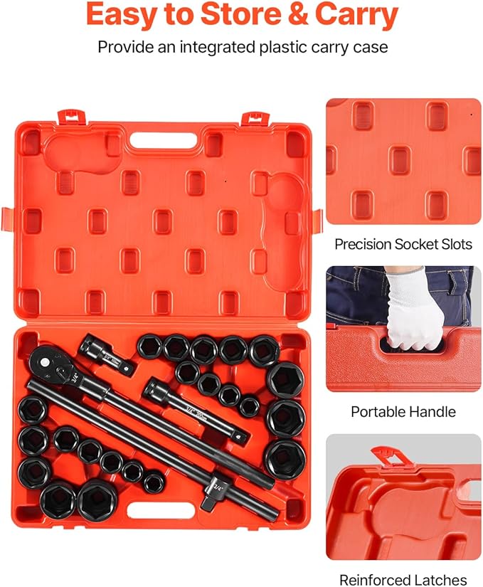 VEVOR Impact Socket Set, 3/4 Inches Socket Assortment, Drive Socket Set Impact Standard SAE (7/8 Inches to 2 Inches) & Metric Sizes (22 mm-50 mm), 27 Piece Standard Impact Sockets