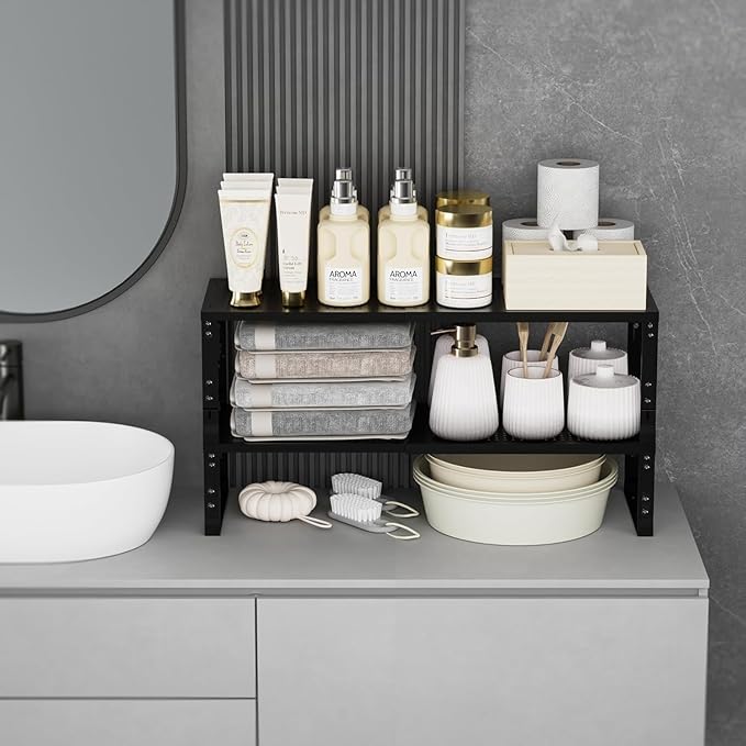 Expandable Spice Rack,Stackable Storage for Cabinet, Multi-Functional Kitchen Shelving,Height-Adjustable,Sustainable Organizer Solution(3Packs/Black/Large)