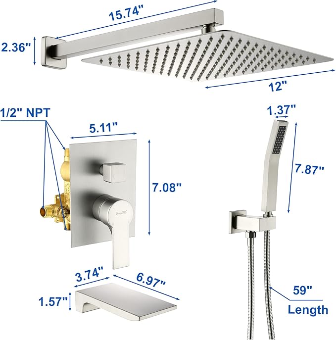 SHAMANDA Shower System with Waterfall Tub Spout and Handheld Shower Head, 12" Rain Shower Faucet Sets Complete with Shower Round-in Valve and Trim Wall Mount, Brushed Nickel, L101-2