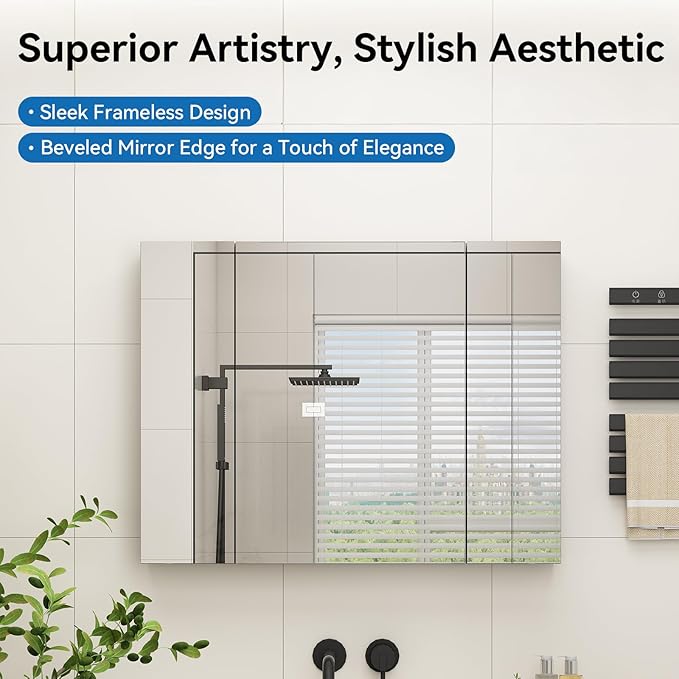 Sunrosa Aluminum Bathroom Medicine Cabinet with Mirror, 36"27.5", Wall-mountable and Recessed-in, 3-door Cabinet Organizer