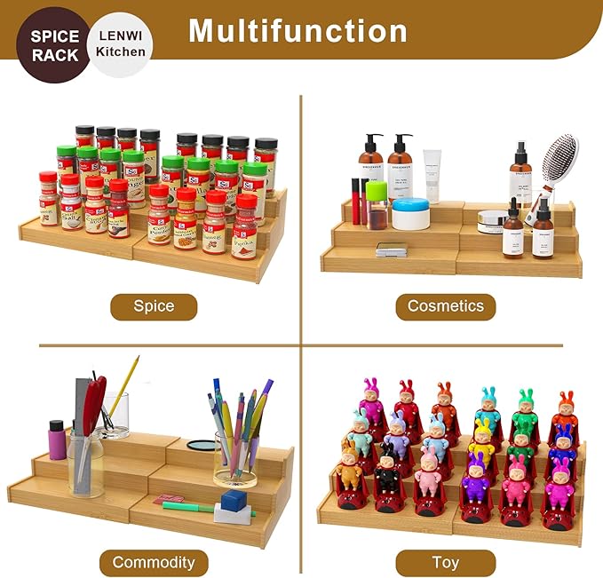 Spice Rack Organizer for Cabinet, 3 Tier Expandable Bamboo Spice Storage, Great for Kitchen Cabinet, Cupboard,Pantry and More
