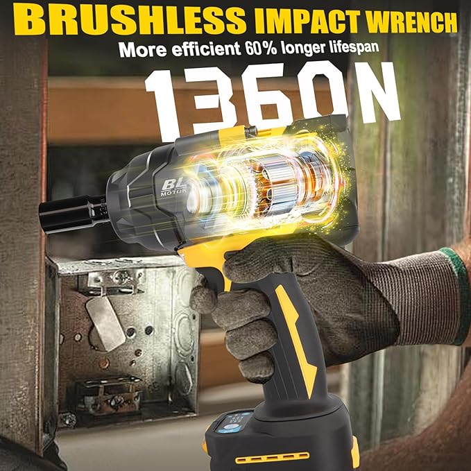 Cordless Impact Wrench 1/2" for DeWalt 20V MAX Battery, Impact Wrench 1000FT-LBS(1360N.m) High Torque Brushless Electric Impact, with 4 Modes Power Impact Driver for Car, Truck, Mower (No Battery)
