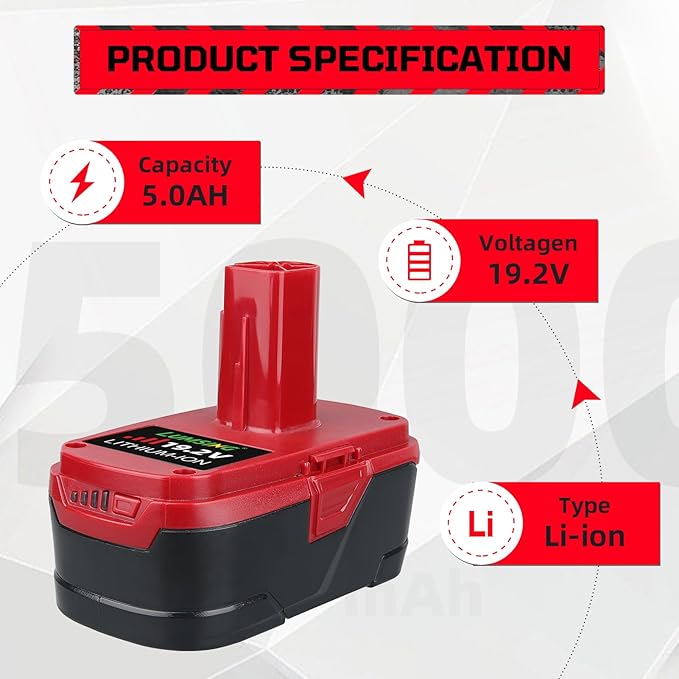 LUMSING 1Pack C-3 5.0Ah Replacement for Craftsman 19.2V Battery Compatible with Craftsman Battery 19.2V C-3 315.115410 315.11485 130279005120235021 11375 Cordless Drills