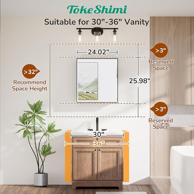 TokeShimi 24x26 Recessed Medicine Cabinet with Mirror Wall Mounted, Metal Beveled Mirror with Storage for Bathroom Vanity, Aluminum Alloy Medicine Cabinet Mirrored Black