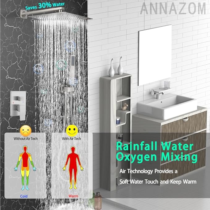 Shower Faucet Combo Set with Shower Spray Wand Large 12 Inch Shower Head Brushed Nickel Surface High Pressure with Rough-in Valve, Brushed Nickel