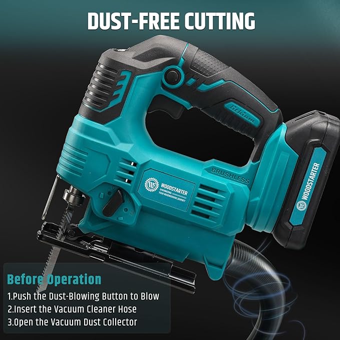 Cordless Jig Saw with Brushless Motor, 3 Adjustable Speed Settings, 45°-90° Cutting Angle, Compatible with T-Shaped Blades, Includes Dust Blowing Feature(With Battery and Charger)
