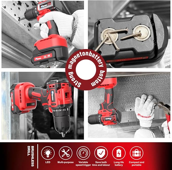 Brushless Cordless Drill Set,12V Power Drill Set with Battery and Charger, Electric Driver/Drill Bits, 3/8'' Keyless Chuck,20+1 Torque Setting, 300 inch-lbs, with LED Electric Drill Set (Red)