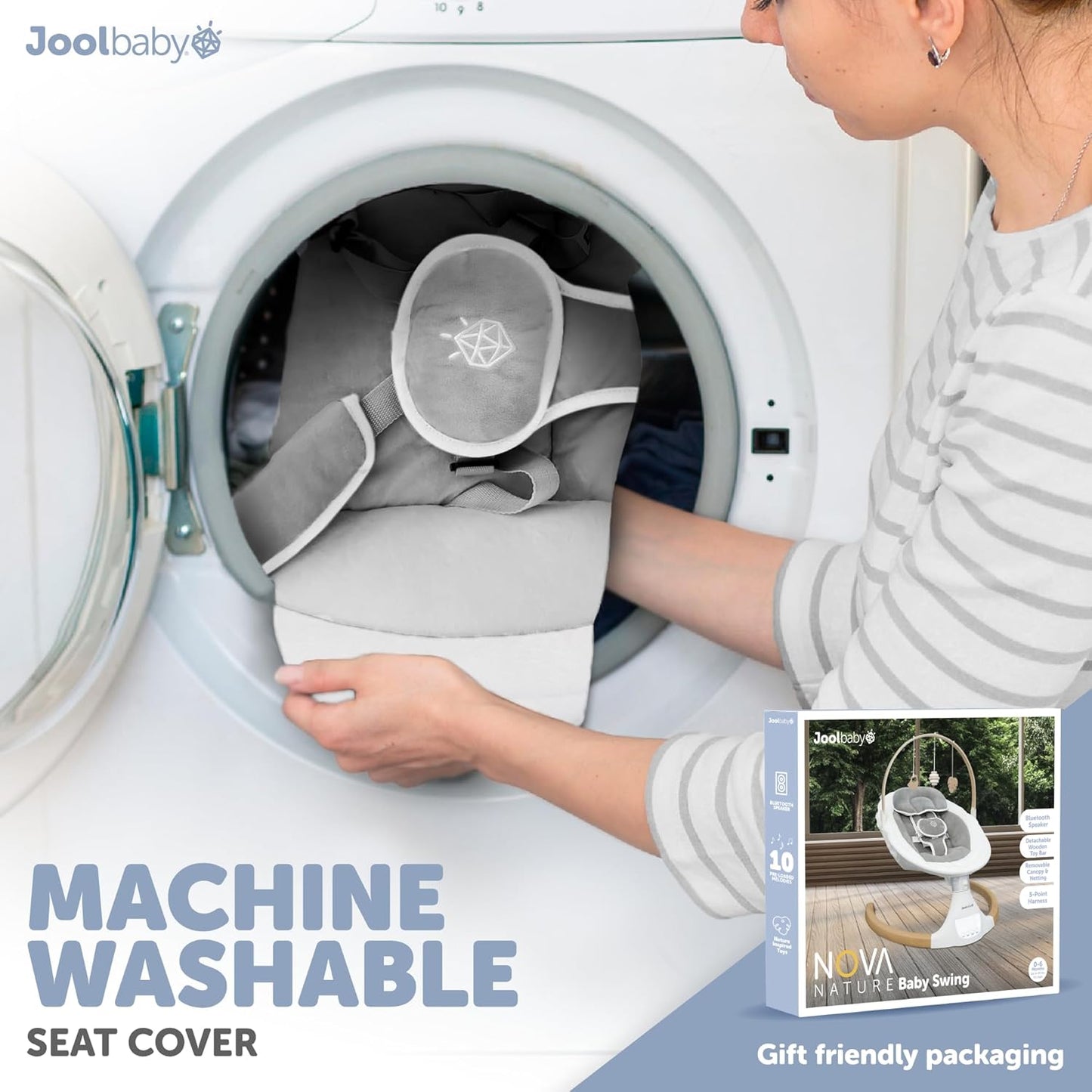 Jool Baby Nova Nature Baby Swing for Newborns – Natural Wood Toys, Electric Motorized Infant Swing, Bluetooth Music