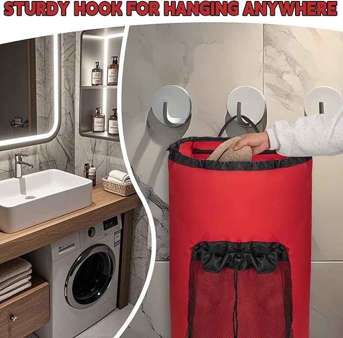 Laundry Bag Backpack with Shoulder Straps and Mesh Pocket Foldable Laundry Hamper for College, Apartment, Laundromat (Red)