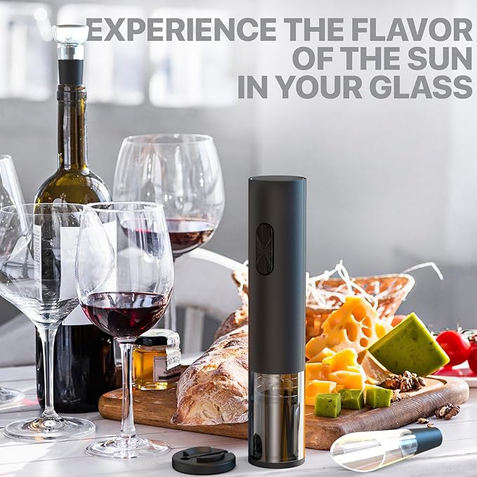 Electric Wine Opener – Wine Bottle Opener Kit with Foil Cutter, Wine Aerator, Vacuum Stopper – Battery-Operated Corkscrew Wine Opener – Cordless Automatic Wine Opener – Birthday Wine Gift Set