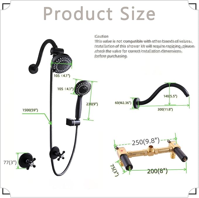2 Handle Shower Faucet Set, Matte Black 5 Mode Shower Faucet Sets Complete Two Handle Shower Head and Handle Set Bathroom Shower Trim Kit with Rough-in Valve