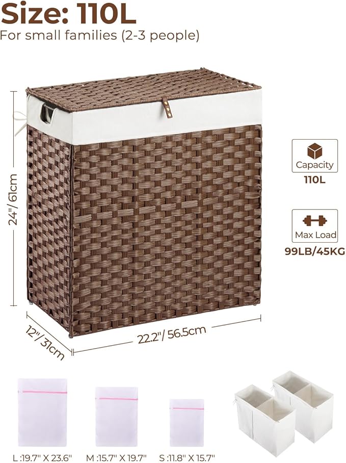 Greenstell Laundry Hamper with lid, No Install Needed, 110L Wicker Laundry Baskets Foldable 2 Removable Liner Bags, 2 Section Clothes Hamper Handwoven Rattan Laundry Basket with Handles, Brown
