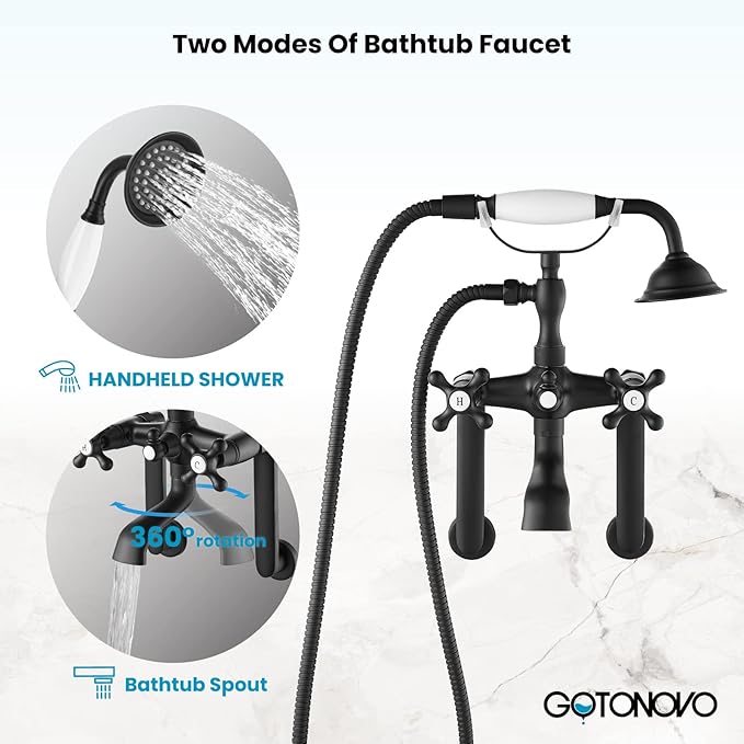 gotonovo Clawfoot Bathtub Faucet Tub Filler with Hand Held Shower Faucet Set Victorian Double Cross Handle 6 Inch Center Adjustable Swing Arms Tub Mount Long Adapter Matte Black