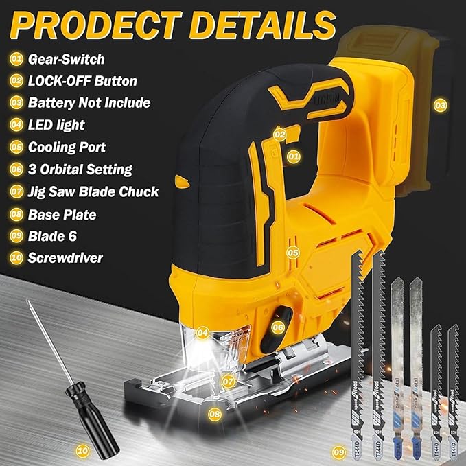 2025 Cordless Jig Saw with LED Light, 0-45° Bevel Cut, 6 Blades, 3 Orbital Settings, Lock-Off Button, 20V Battery,Action for Straight/Curved/Circular Cutting Cordless Jig Saw