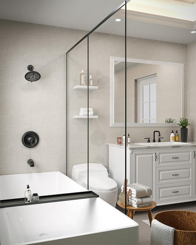 Black Shower Tub Faucet Set: WOWOW Shower Trim Kit with 6-Inch Rain Head and Tub Spout, Single Handle Shower Complete Combo Solid Brass Pressure Balancing Mixer (Valve Included)