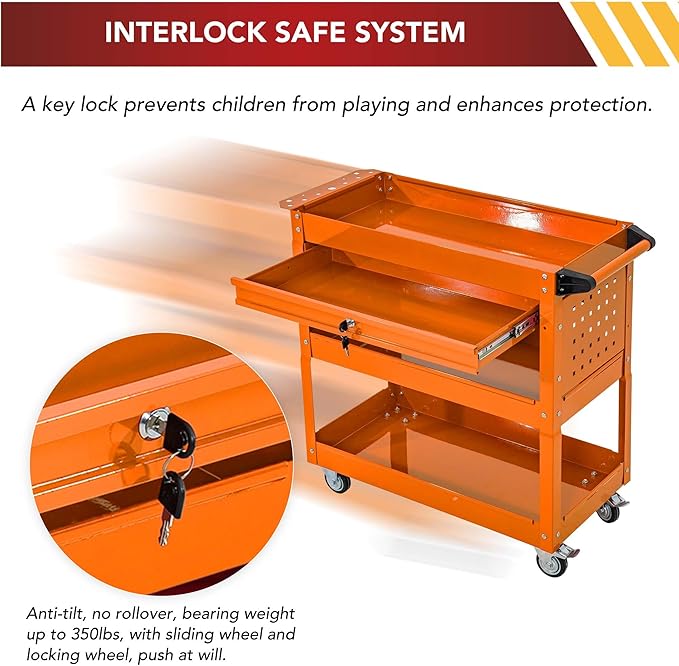 SUN & SUMMER 3-Tier Rolling Tool Cart with Wheels Tool Storage Organizer Chest with Lockable Drawers Tool Box with Adjustable Shelf Utility Cart on Wheels for Workshop Garage Warehouse(Orange)